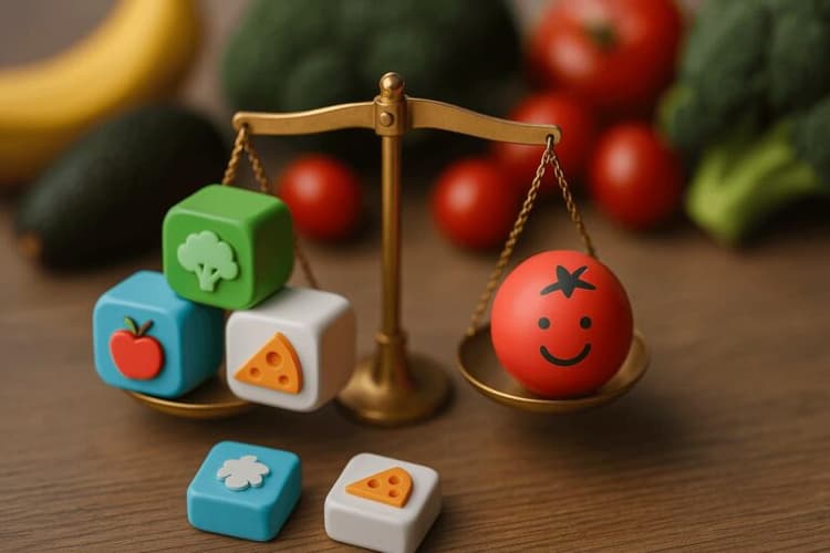 Balance scale comparing food tracking apps and TomatoSMS, highlighting simplicity of text-based diet tracking