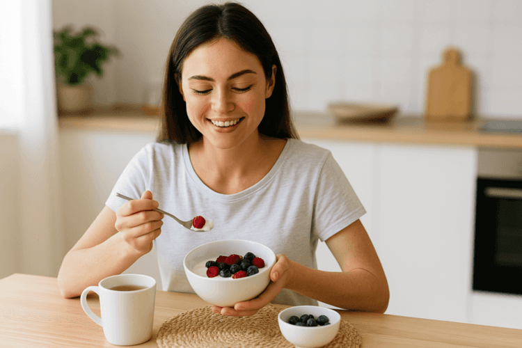 Woman eating probiotic-rich yogurt and berries to improve gut health