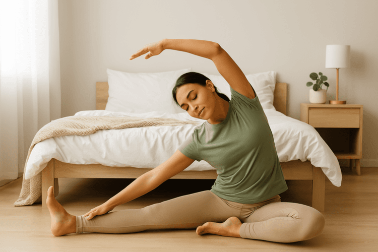 Person stretching beside bed to improve sleep with exercise and diet