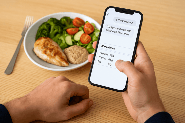 Person using AI calorie coach to log lunch by text message