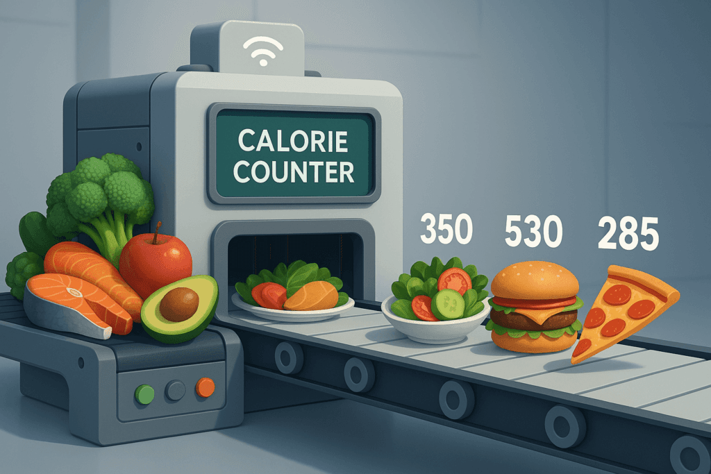AI-powered machine analyzing food on a conveyor belt and outputting meals labeled with calorie counts