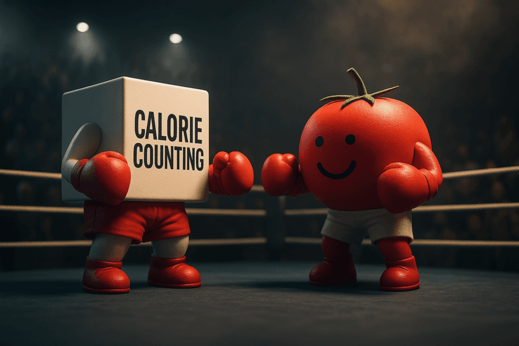 Photo-realistic image of TomatoSMS and a calorie counting app as cube-shaped boxers facing off in a boxing ring, symbolizing the best calorie counting program battle