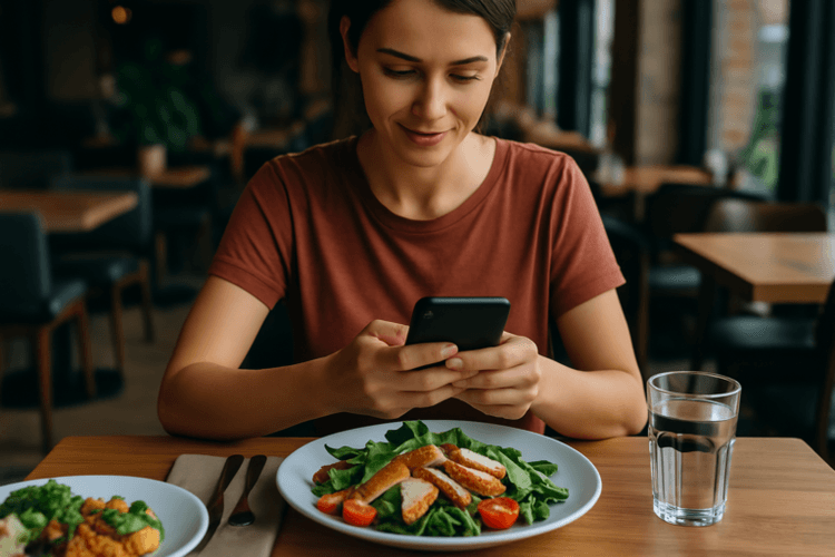 Person logging calories at a restaurant using phone with healthy meal in front