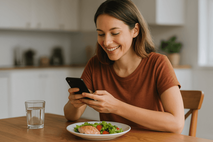 Person receiving personalized nutrition advice by text while eating lunch